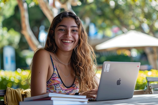 una chica con una computadora portátil que dice iphone en ella