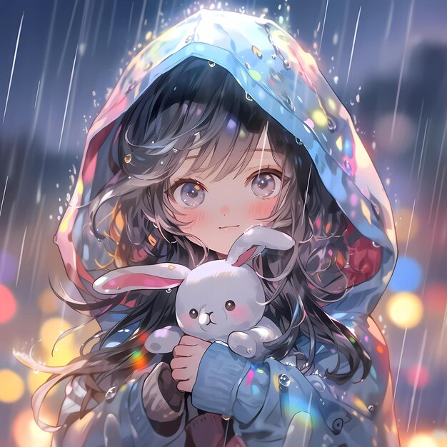 una chica con un conejo en la lluvia