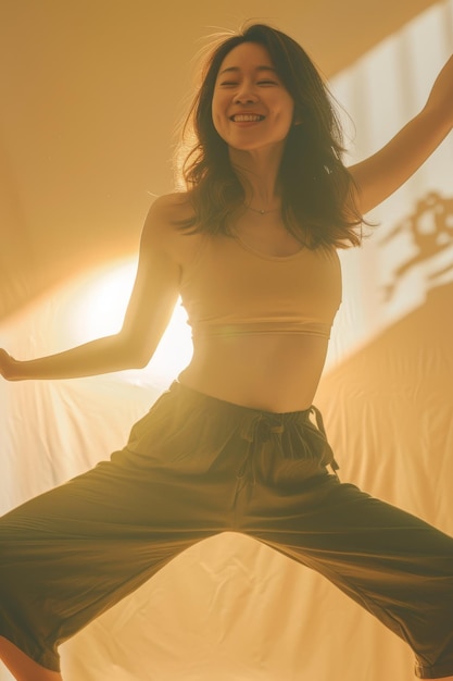 chica contenta sonriente apariencia asiática con los ojos cerrados practica yoga en un fondo soleado mi tiempo