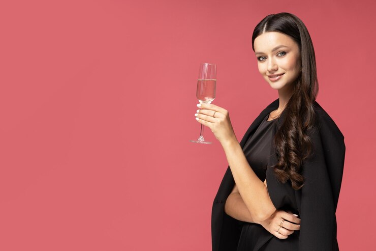 Chica con una copa de champán sobre un fondo rosa