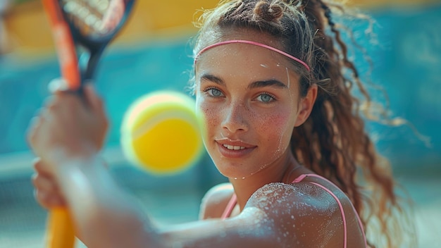 una chica con una correa rosa está mirando una bola de naranjas