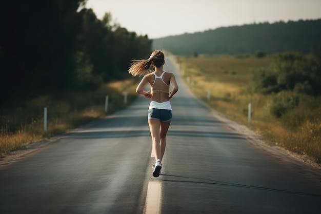 Chica corriendo en la carretera vista trasera generada por IA