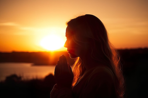 Chica cristiana rezando al atardecer