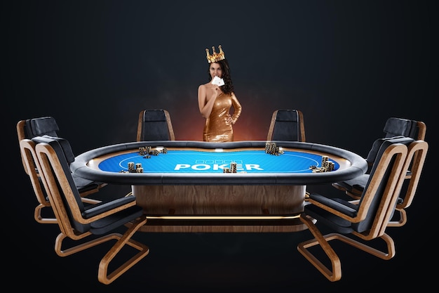 Chica croupier en la mesa de póquer sala de póquer Juego de póquer casino Texas hold'em juego en línea juegos de cartas Diseño moderno estilo revista