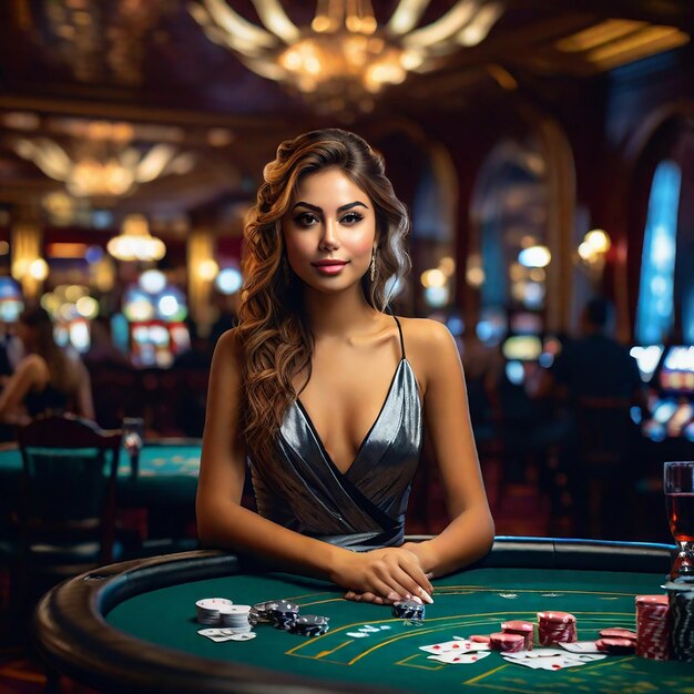 Foto la chica croupier en la mesa de póquer en la sala de póquer para el juego de póquer casino texas juego en línea