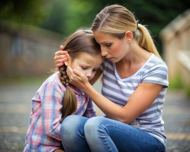 Una chica cuidando a un niño con problemas asustado