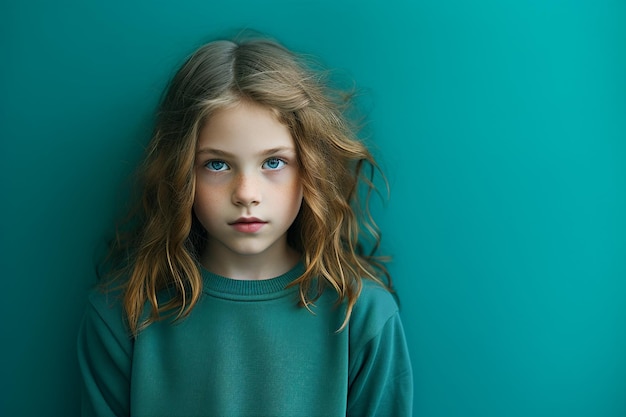 La chica curiosa con fondo de azul azul