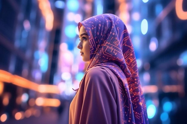 Foto una chica cyberpunk con una chaqueta de neón de fondo