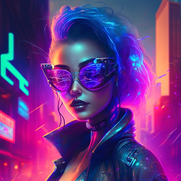 Chica cyberpunk con ciudad futurista de fondo Tecnología de IA generativa