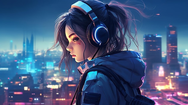 Chica Cyberpunk escuchando música con auriculares