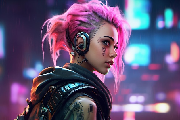 una chica cyberpunk futurista con cabello de neón generada por la IA