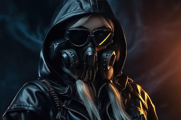 La chica cyberpunk de moda con una chaqueta con capucha de cuero usa una mujer cyberpunk con una jaqueta con capuchón de cuero gafas de seguridad y una máscara de gas generada por Ai