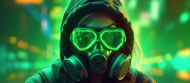 La chica cyberpunk de moda con una chaqueta de cuero con capucha usa una máscara de gas con gafas de protección