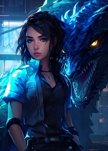 Chica Cyberpunk de neón con un dragón