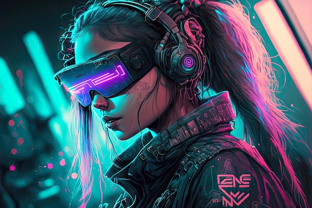 Foto chica cyberpunk neón mundo gles vr auriculares