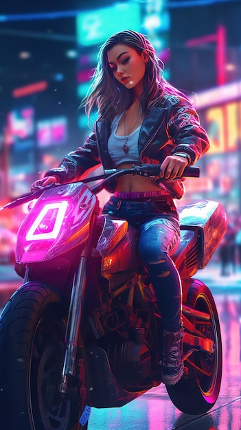 Chica cyberpunk sentada en una bicicleta futurista con tema de luces de neón Ciudad futurista