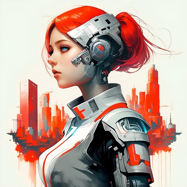 Chica cyborg anime en imágenes de fondo de Cyber City con ai generada