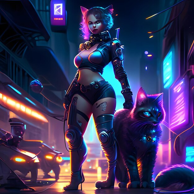 chica cyborg cyberpunk con un perro