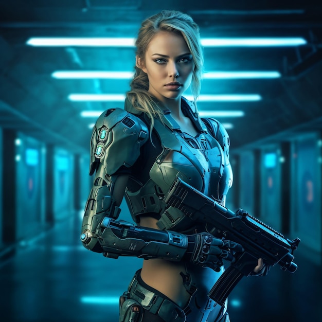 Chica cyborg futurista con armadura de metal IA generativa