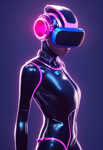 chica cyborg futurista con gafas VR y un brillo en la realidad virtual