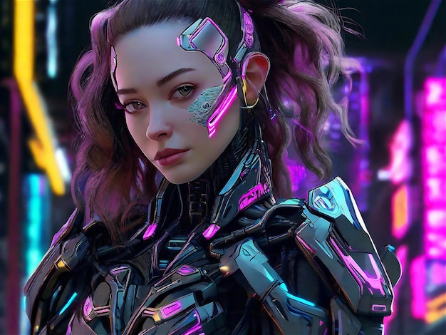 Chica cyborg Una hermosa chica ciberpunk se alza contra el telón de fondo de la ciudad nocturna del futuro