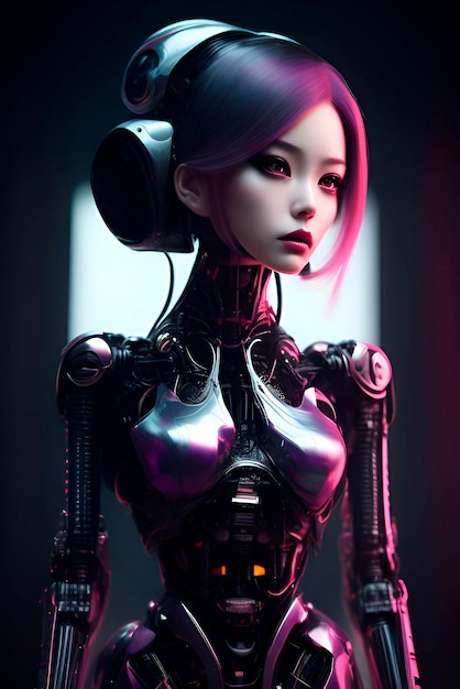 Una chica cyborg oriental con el pelo morado mira a la cámara.