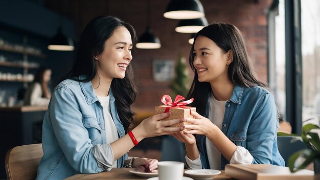 La chica le da un regalo a su amiga en el café.