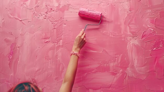 La chica decora la pared rosa con un rodillo