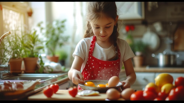 Foto una chica con un delantal rojo prepara huevos fritos en la cocina en la mañana de verano