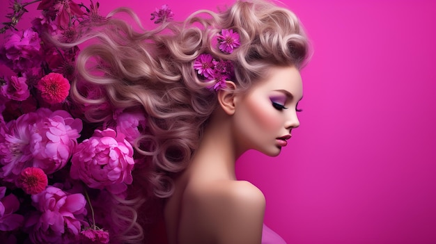 Foto chica con delicadas flores en el pelo y moda fucsia.