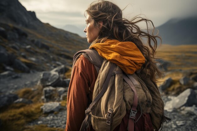 Chica deportiva aventurera caminando en una IA generativa de montañas