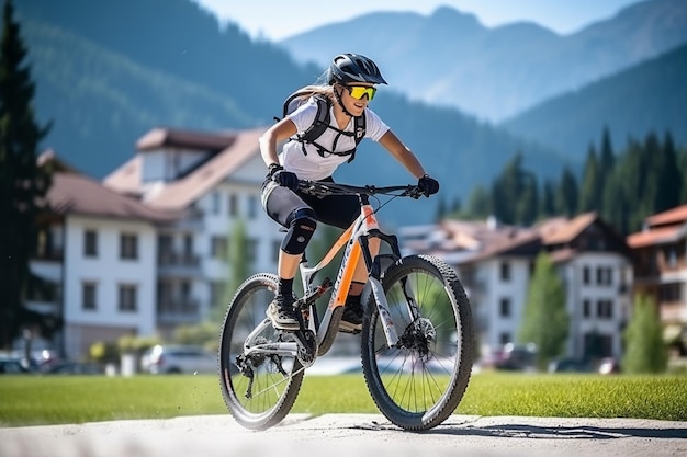 Chica deportiva en bicicleta MTB en la carretera en el valle de Koprova en las Altas Tatras Eslovaquia actividad deportiva de verano