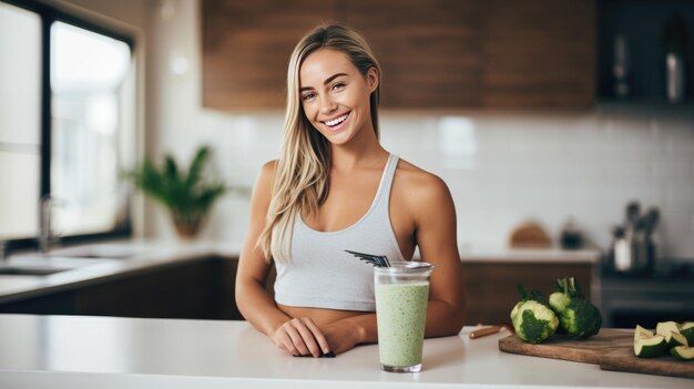 Una chica deportiva a dieta hizo un batido en la cocina.