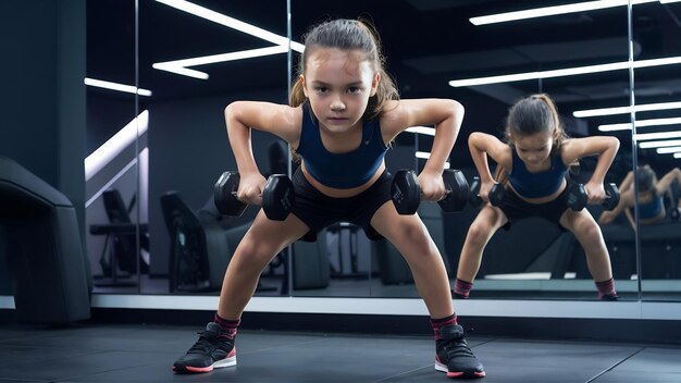 Foto chica deportiva haciendo ejercicio con pesas en el gimnasio