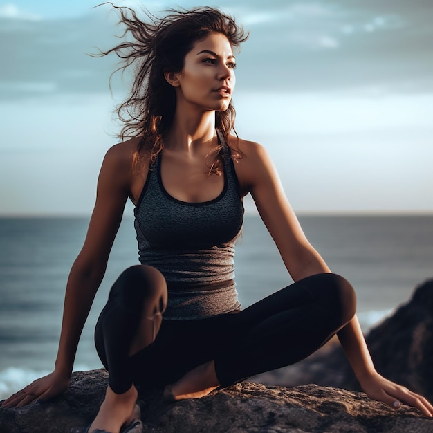 una chica deportiva de pie con una pose en las rocas