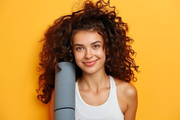 Foto chica deportiva de yoga con alfombra de yoga aislada sobre un fondo amarillo naranja