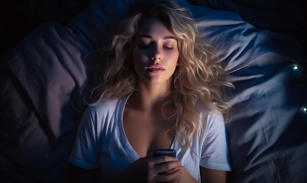 Chica desplazándose por las redes sociales en el teléfono móvil a altas horas de la noche en un dormitorio oscuro