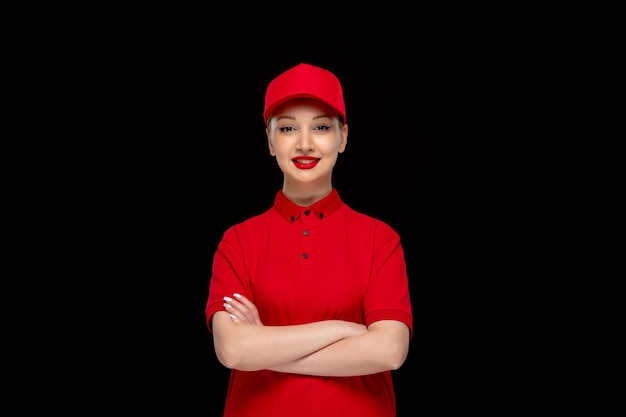 Chica de día de camisa roja con las manos cruzadas en una gorra roja con camisa con lápiz labial