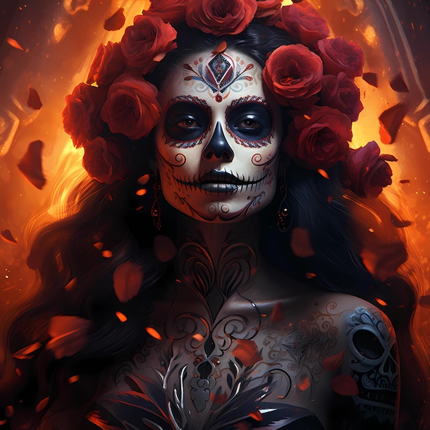 La chica de Dia De Los Muertos con la rosa roja