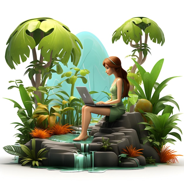 Chica de dibujos animados en 3D trabajando en una computadora portátil en la selva tropical