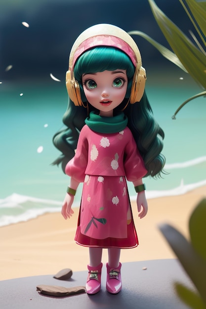 una chica de dibujos animados con auriculares y una camisa verde a la izquierda.