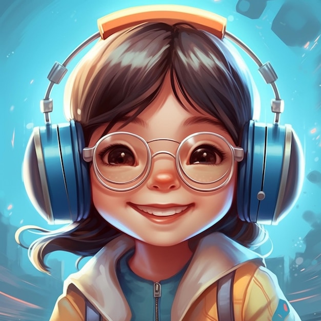 Chica de dibujos animados con auriculares y gafas sonriendo a la cámara generativa ai
