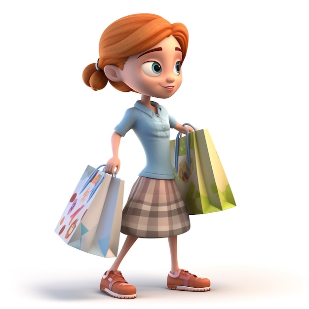 Chica de dibujos animados con bolsa de compras concepto de compras