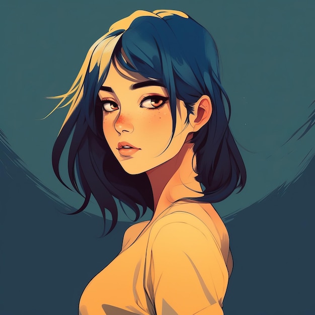 Una chica de dibujos animados con cabello azul y una camisa amarilla.