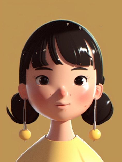 Foto chica de dibujos animados con cabello negro y pendientes en vestido amarillo generativo ai