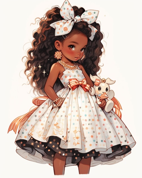 Foto chica de dibujos animados con cabello rizado y un arco sosteniendo un oso de peluche generativo ai