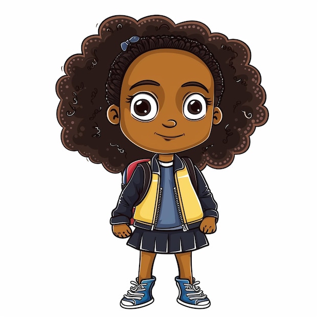 Foto chica de dibujos animados con cabello rizado y mochila de pie generativa ai