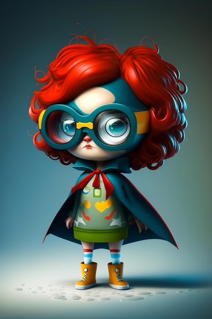 Una chica de dibujos animados con cabello rojo y anteojos con una falda verde y una falda verde con un ojo en forma de corazón y un gran corazón rojo en la cabeza.