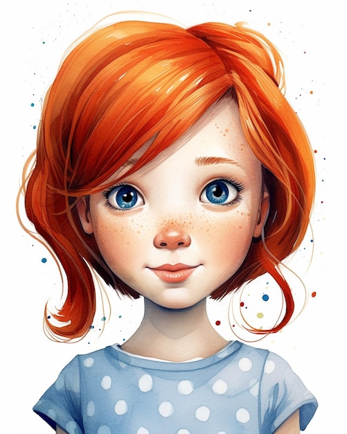 chica de dibujos animados con cabello rojo y camisa azul de puntos generativos ai