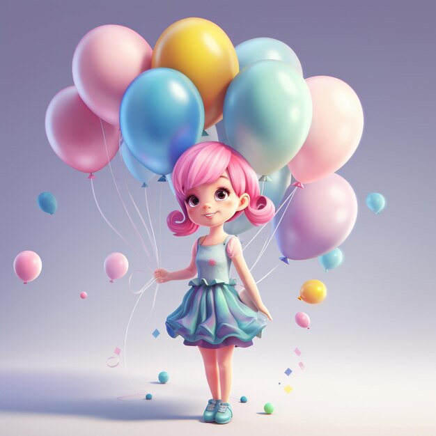 chica de dibujos animados con cabello rosa y vestido azul sosteniendo globos generativo ai